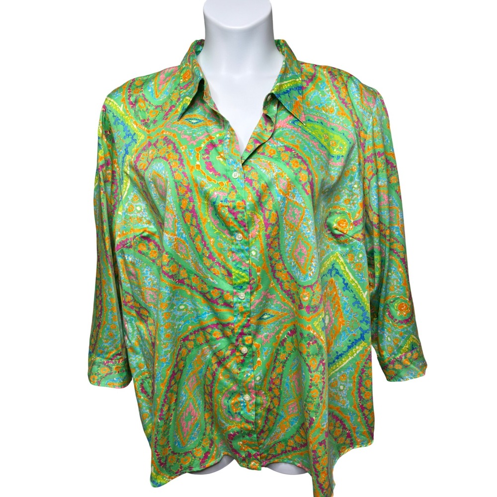 NWT LAUREN RALPH LAUREN Woman Green Paisley Button Down Shirt 3X Psychedelic